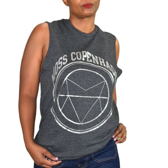 Moss Copenhagen Muscle Tee Grey Tank Top Cutoff Sweatshirt Graphic Size XS - Picture 2 of 13